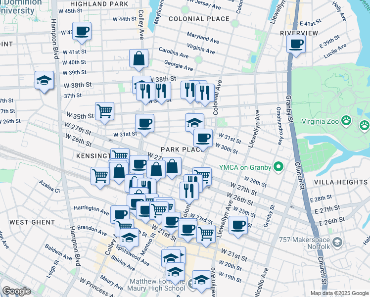 map of restaurants, bars, coffee shops, grocery stores, and more near 601 West 29th Street in Norfolk