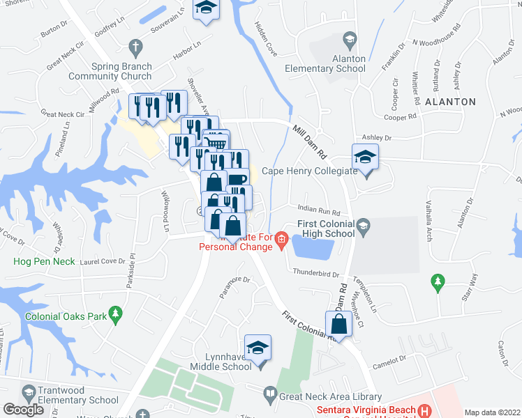 map of restaurants, bars, coffee shops, grocery stores, and more near 2128 Retreat Court in Virginia Beach