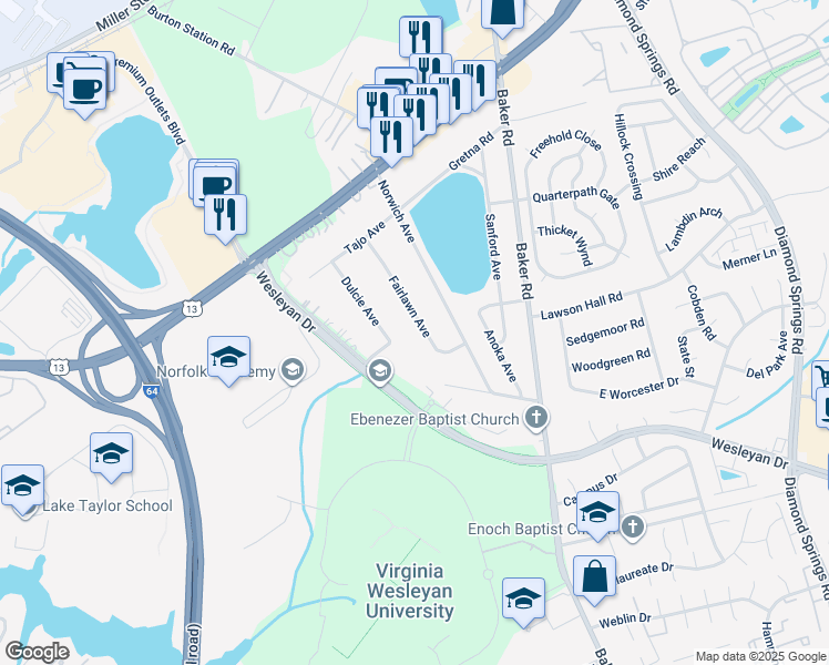map of restaurants, bars, coffee shops, grocery stores, and more near 1032 Fairlawn Avenue in Virginia Beach