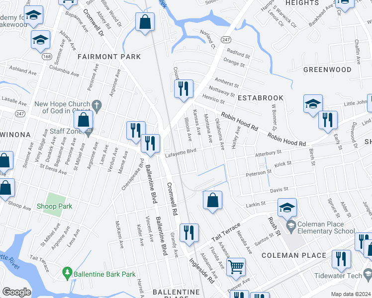 map of restaurants, bars, coffee shops, grocery stores, and more near 3404 Lafayette Boulevard in Norfolk