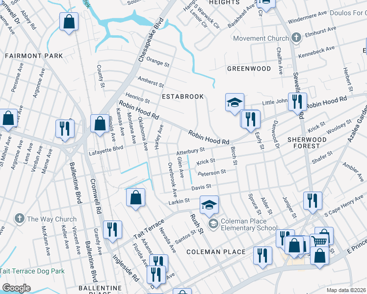 map of restaurants, bars, coffee shops, grocery stores, and more near 3112 Glen Avenue in Norfolk