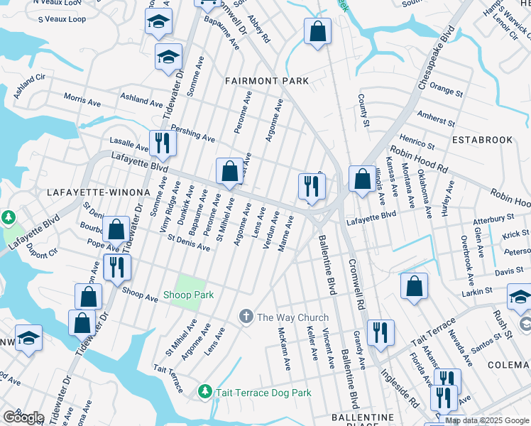 map of restaurants, bars, coffee shops, grocery stores, and more near 3128 Lens Avenue in Norfolk