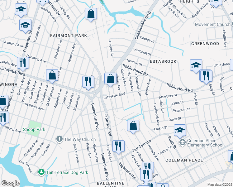 map of restaurants, bars, coffee shops, grocery stores, and more near 3116 Illinois Avenue in Norfolk