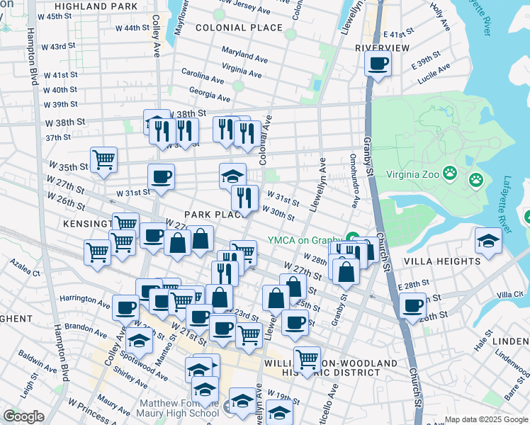 map of restaurants, bars, coffee shops, grocery stores, and more near 427 West 30th Street in Norfolk
