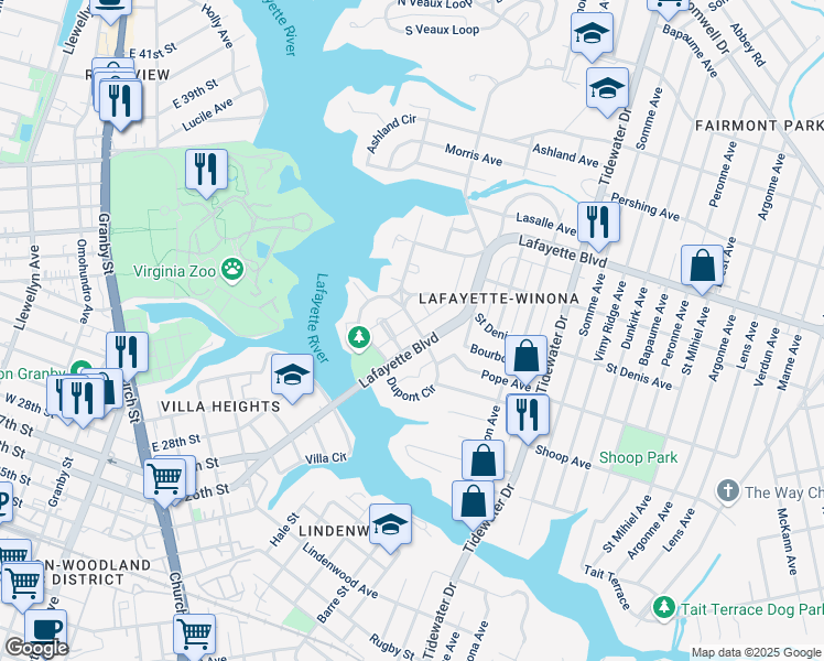 map of restaurants, bars, coffee shops, grocery stores, and more near 172 Orleans Circle in Norfolk