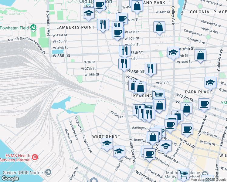 map of restaurants, bars, coffee shops, grocery stores, and more near 1221 W 25th St in Norfolk