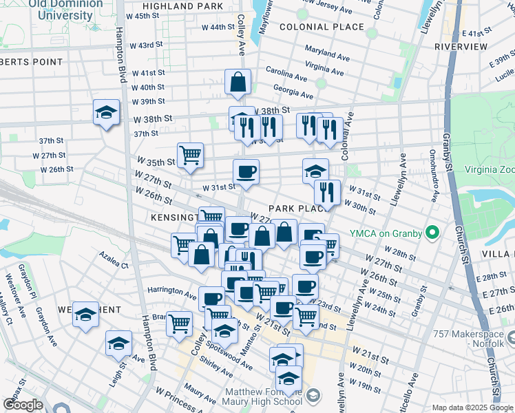 map of restaurants, bars, coffee shops, grocery stores, and more near 2800 Colley Avenue in Norfolk