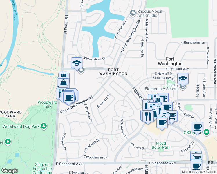 map of restaurants, bars, coffee shops, grocery stores, and more near 645 East Champlain Drive in Fresno