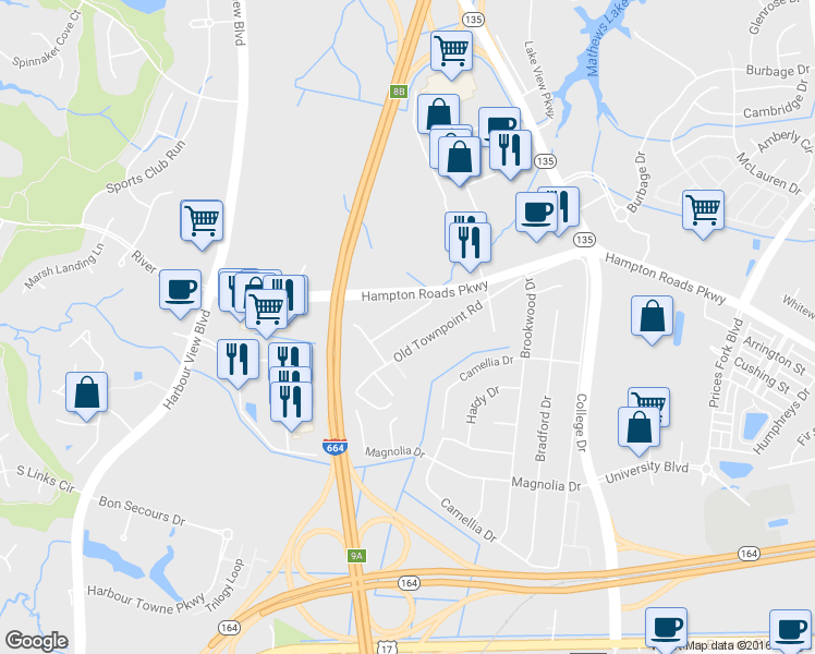 map of restaurants, bars, coffee shops, grocery stores, and more near 6217 Freeman Avenue in Suffolk