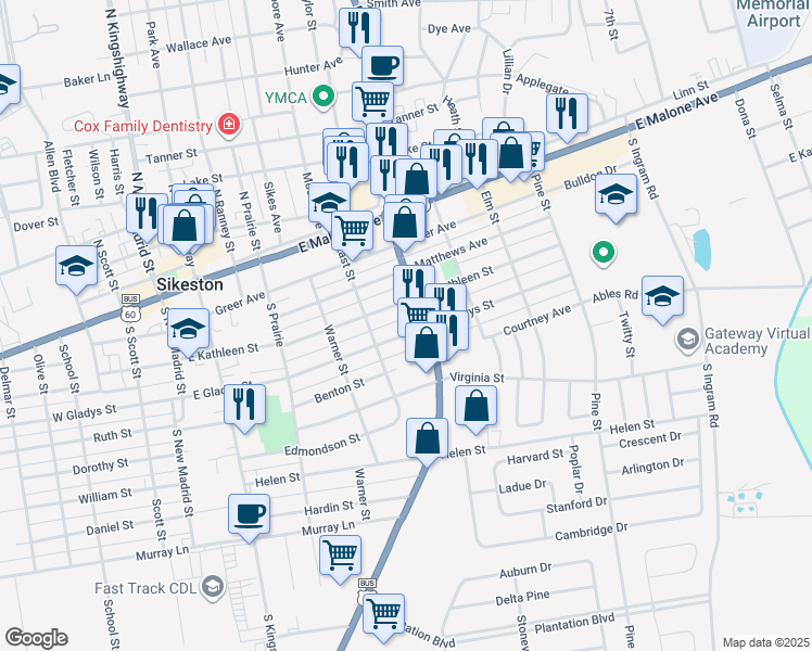 map of restaurants, bars, coffee shops, grocery stores, and more near 524 East Kathleen Street in Sikeston