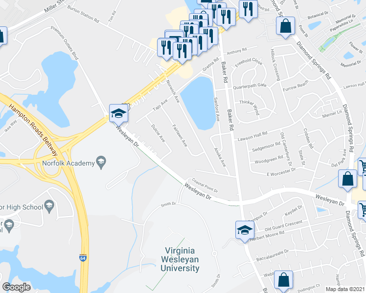 map of restaurants, bars, coffee shops, grocery stores, and more near 1032 Fairlawn Avenue in Virginia Beach