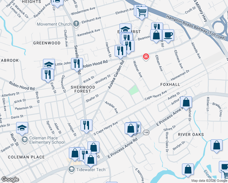 map of restaurants, bars, coffee shops, grocery stores, and more near in Norfolk