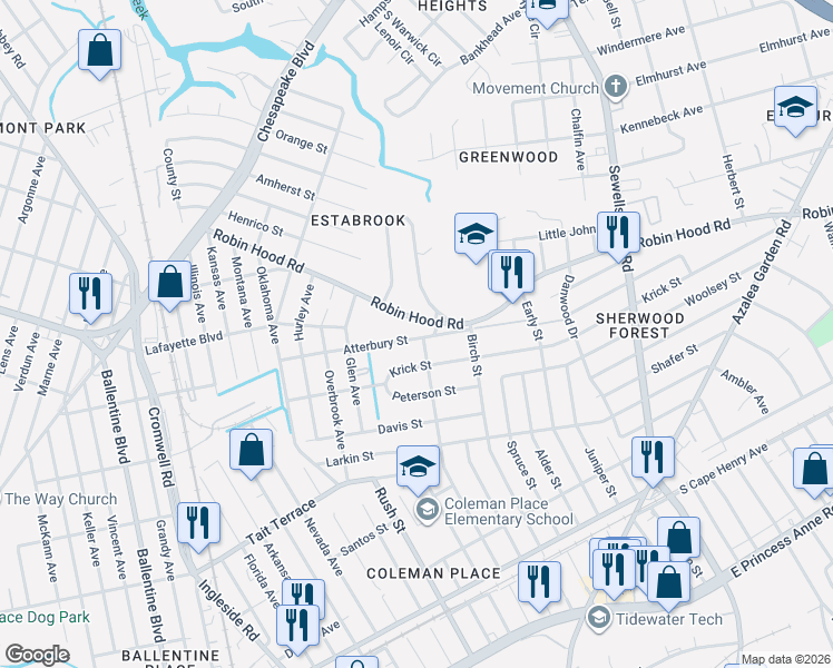 map of restaurants, bars, coffee shops, grocery stores, and more near 3837 Robin Hood Road in Norfolk