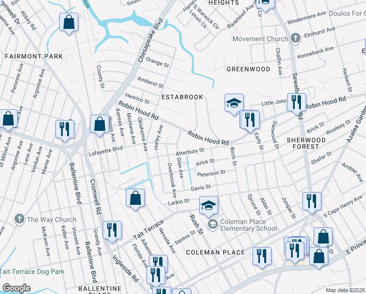 map of restaurants, bars, coffee shops, grocery stores, and more near 3112 Glen Avenue in Norfolk