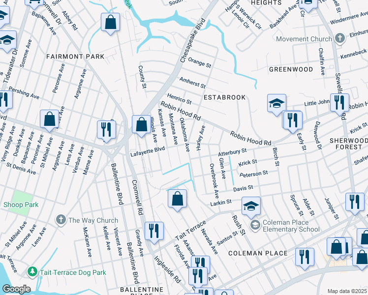 map of restaurants, bars, coffee shops, grocery stores, and more near 3104 Jersey Avenue in Norfolk