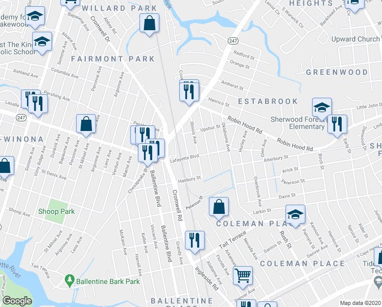 map of restaurants, bars, coffee shops, grocery stores, and more near 3116 Illinois Avenue in Norfolk