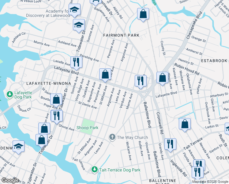 map of restaurants, bars, coffee shops, grocery stores, and more near 2605 Lafayette Boulevard in Norfolk