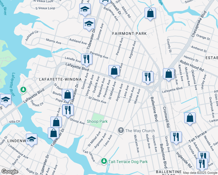 map of restaurants, bars, coffee shops, grocery stores, and more near 3119 Peronne Avenue in Norfolk