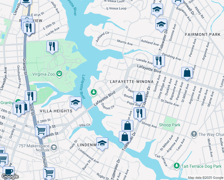 map of restaurants, bars, coffee shops, grocery stores, and more near 1535 Degrasse Avenue in Norfolk