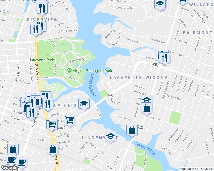 map of restaurants, bars, coffee shops, grocery stores, and more near 136 Orleans Circle in Norfolk