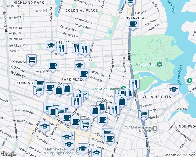 map of restaurants, bars, coffee shops, grocery stores, and more near 402 West 31st Street in Norfolk
