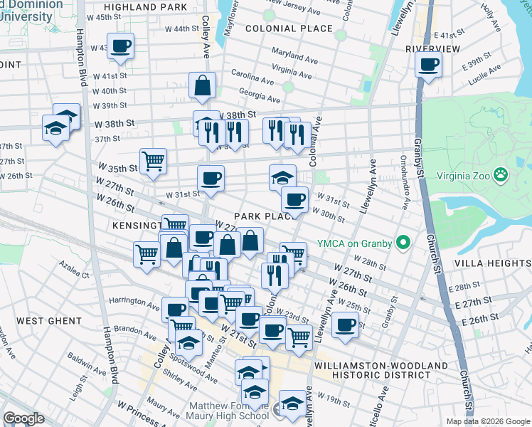 map of restaurants, bars, coffee shops, grocery stores, and more near 606 West 29th Street in Norfolk