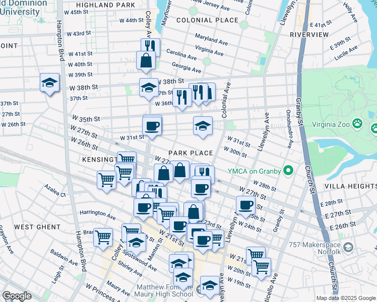 map of restaurants, bars, coffee shops, grocery stores, and more near 606 West 29th Street in Norfolk
