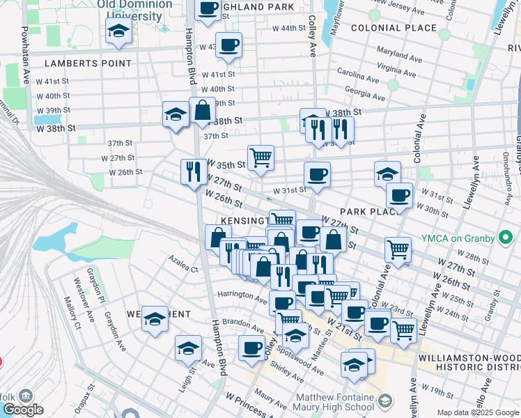 map of restaurants, bars, coffee shops, grocery stores, and more near 916 West 27th Street in Norfolk