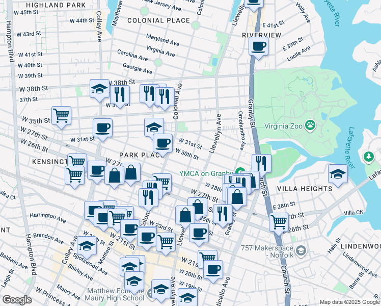 map of restaurants, bars, coffee shops, grocery stores, and more near 402 West 31st Street in Norfolk