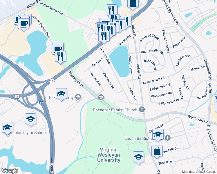 map of restaurants, bars, coffee shops, grocery stores, and more near 1032 Fairlawn Avenue in Virginia Beach