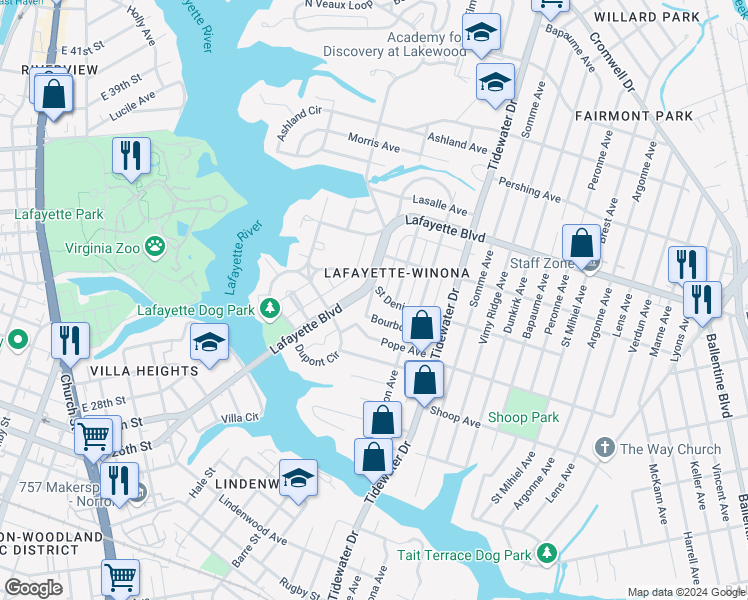 map of restaurants, bars, coffee shops, grocery stores, and more near 1445 Moultrie Avenue in Norfolk