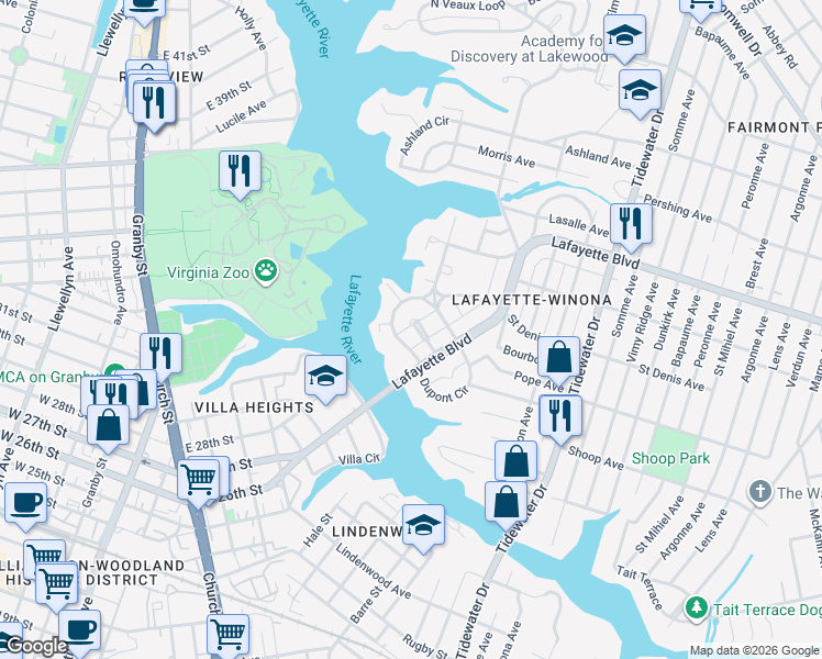 map of restaurants, bars, coffee shops, grocery stores, and more near 136 Orleans Circle in Norfolk