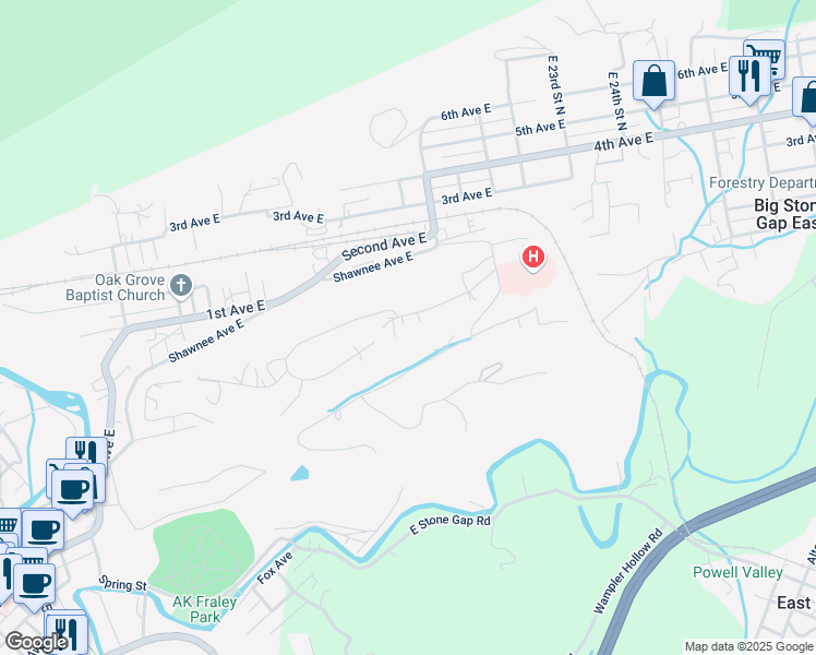 map of restaurants, bars, coffee shops, grocery stores, and more near 1759 Holton Avenue East in Big Stone Gap