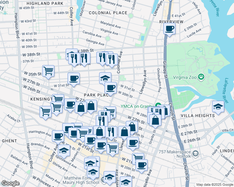 map of restaurants, bars, coffee shops, grocery stores, and more near 435 West 30th Street in Norfolk