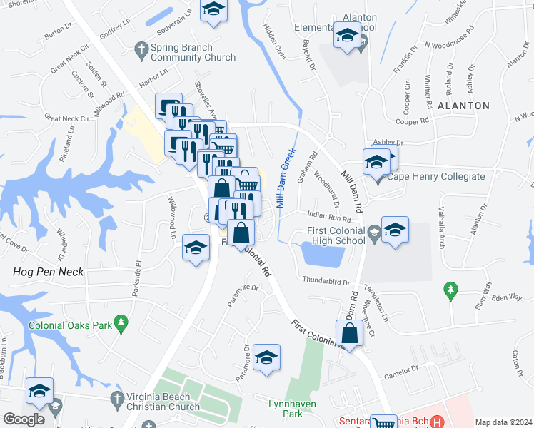 map of restaurants, bars, coffee shops, grocery stores, and more near 2112 Retreat Ct in Virginia Beach
