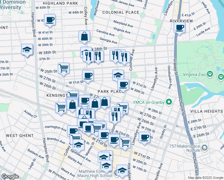 map of restaurants, bars, coffee shops, grocery stores, and more near 601 West 29th Street in Norfolk