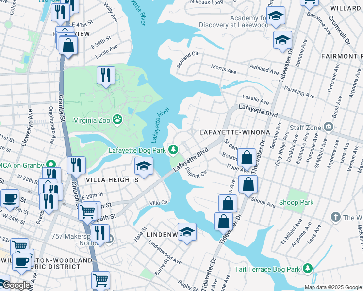 map of restaurants, bars, coffee shops, grocery stores, and more near 1503 Royale Park in Norfolk