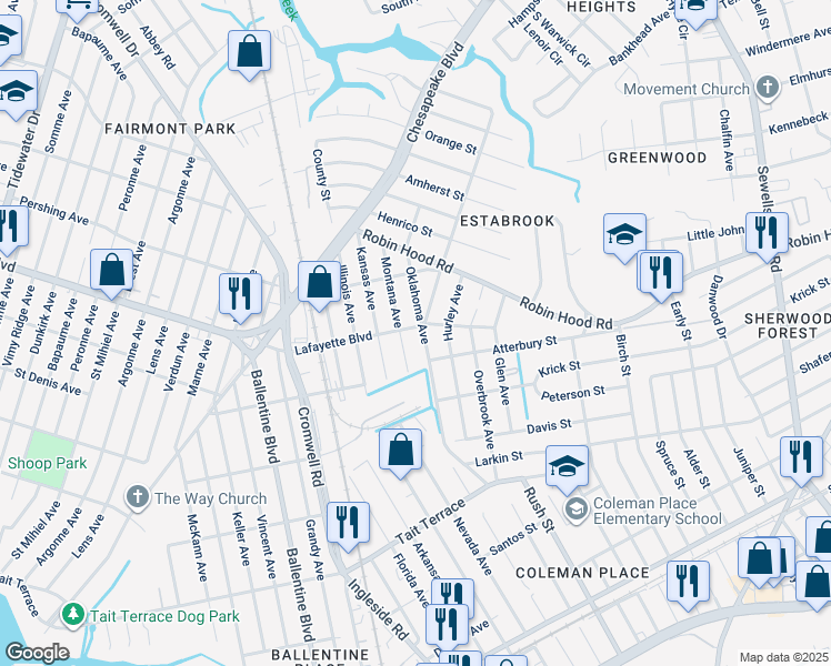 map of restaurants, bars, coffee shops, grocery stores, and more near 3104 Jersey Avenue in Norfolk