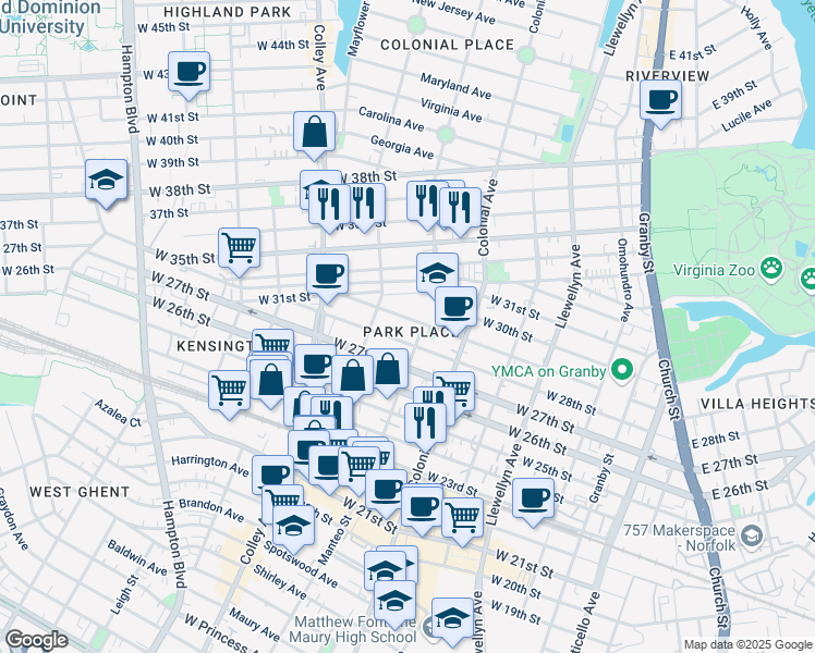 map of restaurants, bars, coffee shops, grocery stores, and more near 606 West 29th Street in Norfolk