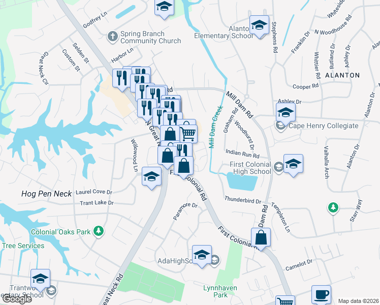 map of restaurants, bars, coffee shops, grocery stores, and more near 210 25th Street in Virginia Beach