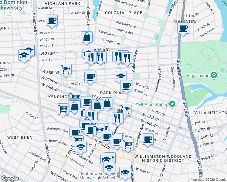 map of restaurants, bars, coffee shops, grocery stores, and more near 606 West 29th Street in Norfolk