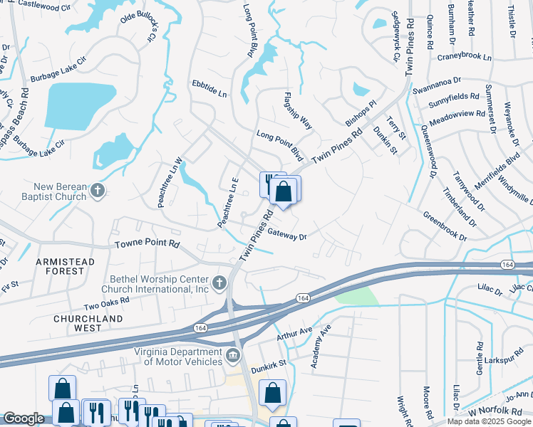 map of restaurants, bars, coffee shops, grocery stores, and more near 3935 Twin Pines Road in Portsmouth