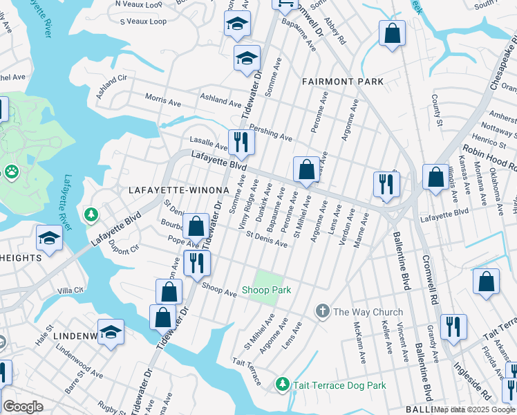 map of restaurants, bars, coffee shops, grocery stores, and more near 3111 Dunkirk Avenue in Norfolk