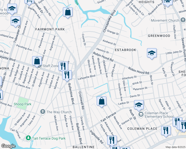 map of restaurants, bars, coffee shops, grocery stores, and more near 3502 Lafayette Boulevard in Norfolk