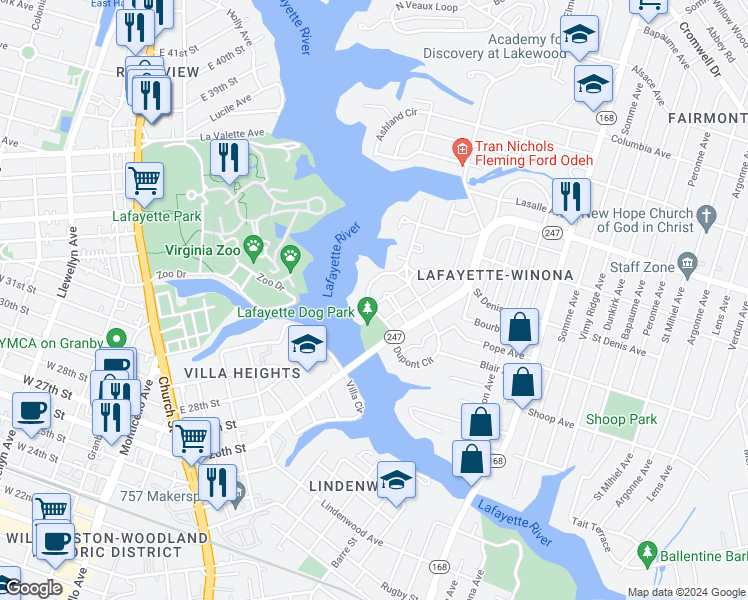 map of restaurants, bars, coffee shops, grocery stores, and more near 128 Orleans Circle in Norfolk