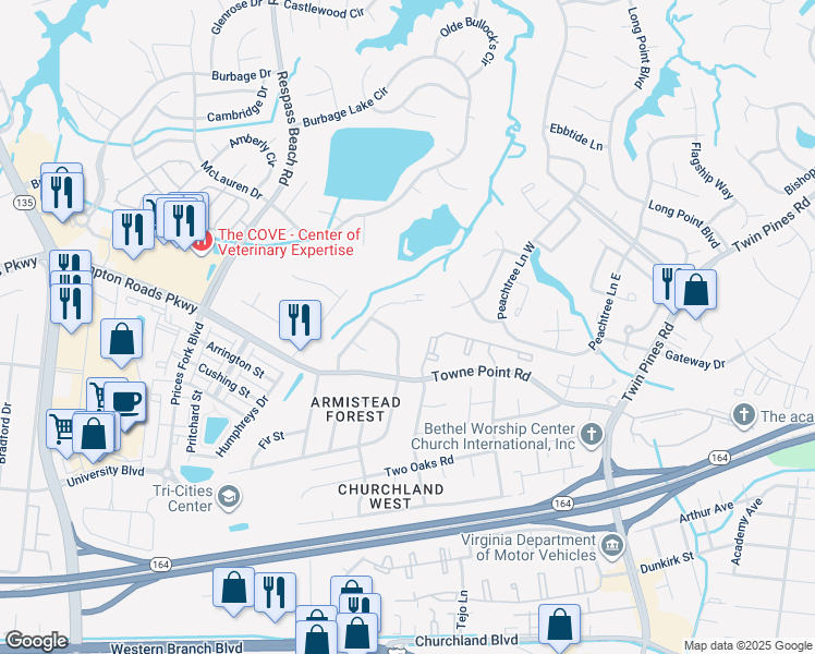 map of restaurants, bars, coffee shops, grocery stores, and more near 3707 Magnolia Drive in Portsmouth