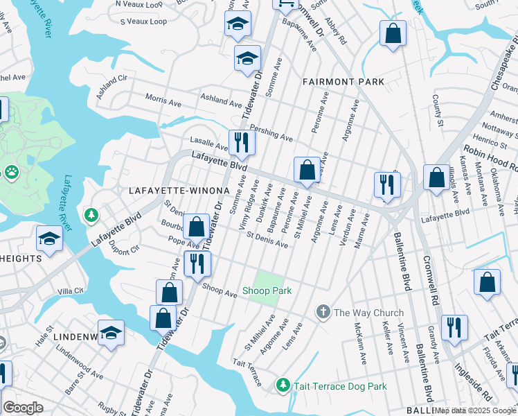 map of restaurants, bars, coffee shops, grocery stores, and more near 3111 Dunkirk Avenue in Norfolk