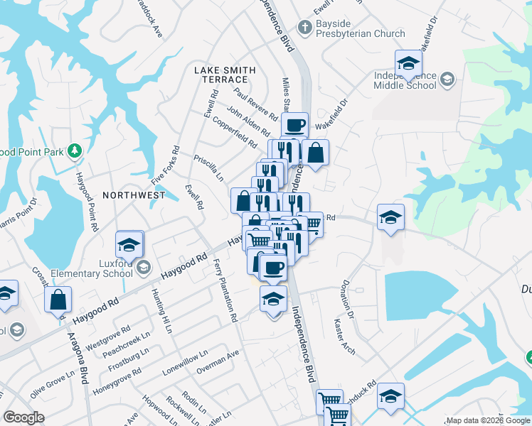 map of restaurants, bars, coffee shops, grocery stores, and more near 4608 Haygood Road in Virginia Beach