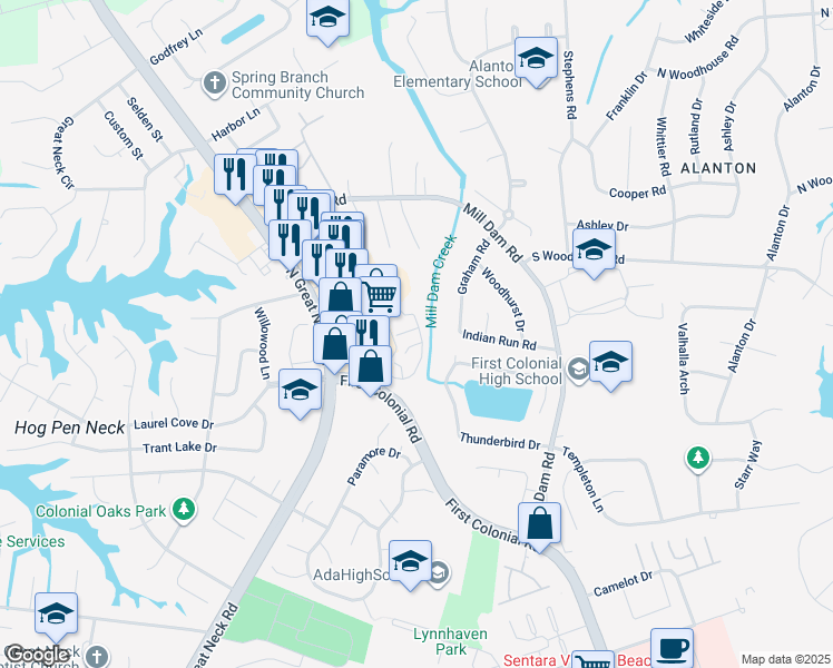 map of restaurants, bars, coffee shops, grocery stores, and more near 2121 Refuge Court in Virginia Beach