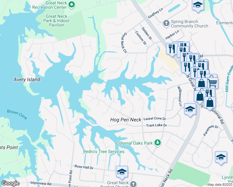 map of restaurants, bars, coffee shops, grocery stores, and more near 1332 Roberts Point in Virginia Beach